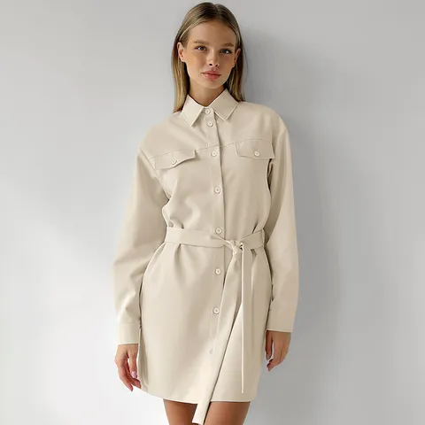 Women's Vintage Casual Solid Color Lapel Drop Shoulder Long Sleeve Single-Breasted Short Dress With Belt