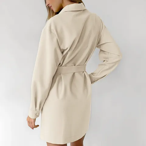Women's Vintage Casual Solid Color Lapel Drop Shoulder Long Sleeve Single-Breasted Short Dress With Belt
