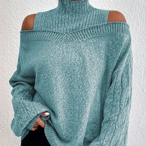 Women's Casual Acrylic Cold Shoulder Mock Neck Lantern Sleeve Loose Pullover Knit Sweater Top For Autumn Winter
