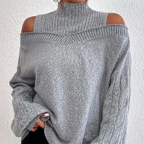 Women's Casual Acrylic Cold Shoulder Mock Neck Lantern Sleeve Loose Pullover Knit Sweater Top For Autumn Winter