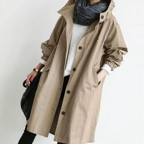 Women's Casual Loose Hooded Mid Length Trench Coat Solid Color Single Breasted Long Sleeve Outerwear With Pockets