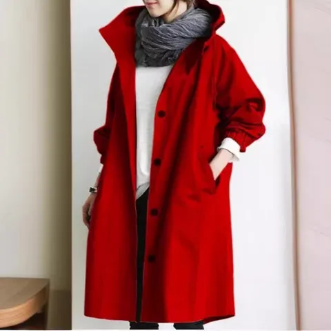 Women's Casual Loose Hooded Mid Length Trench Coat Solid Color Single Breasted Long Sleeve Outerwear With Pockets
