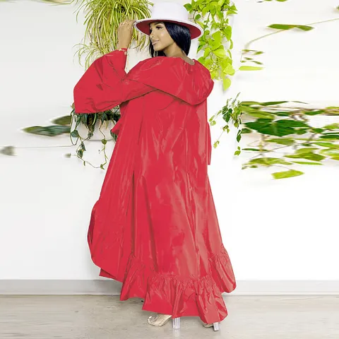 Women Casual Long Trench Coat Solid Color Ruffle Shawl Outerwear Loose Long Sleeve Hooded Windbreaker Jacket Streetwear