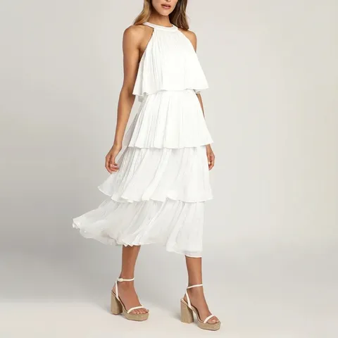 Vestido Maxi Elegante con Cuello Halter sin Mangas Plisado para Mujer Casual Color Sólido Vestido Largo de Playa Moda de Fiesta