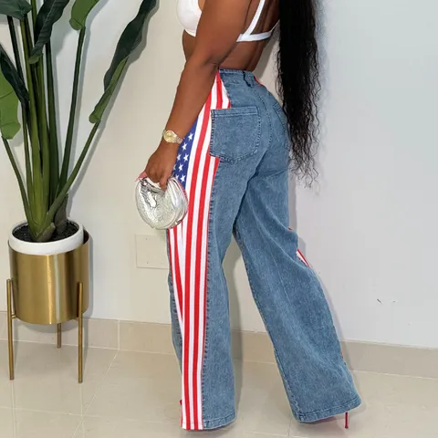 Women's High Waist Straight Leg Jeans American Flag Patchwork Print Casual Denim Long Pants