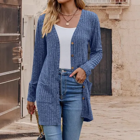 Women's Casual V-Neck Long Sleeve Cardigan Sweater Slim Fit Solid Color Ribbed Knit Outerwear With Practical Pockets