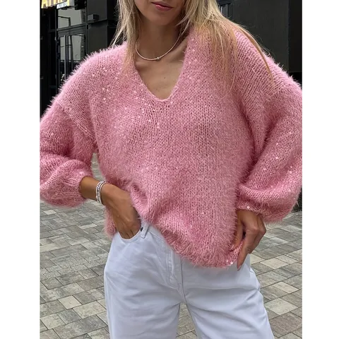 Suéter Pulóver Casual con Cuello en V y Manga Larga para Mujer Color Sólido Seda Brillante Prendas de Punto Tops de Moda
