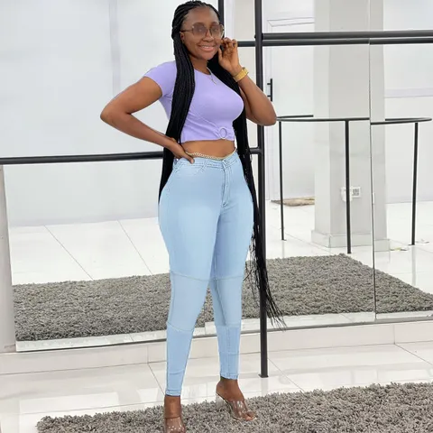 Women's Fashion Color Block Patchwork High Waist Slim Fit Stretchy Denim Pencil Pants Casual Long Jeans For Women