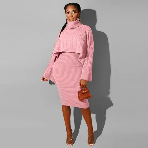 Women Fashion Turtleneck Sweater And Knitted Skirt Top And Bottom Long Sleeve Pullover Bodycon Midi Dress Elegant Casual Outfit