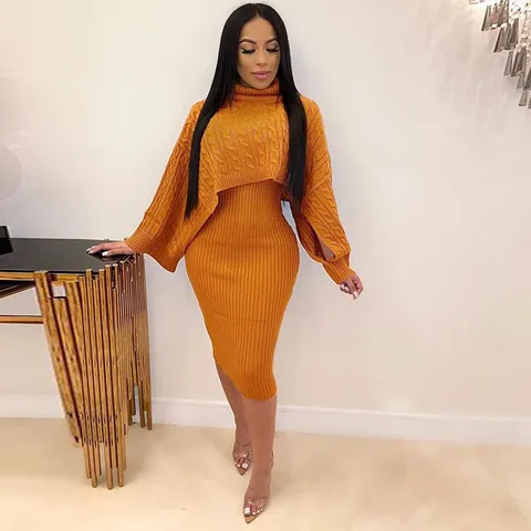 Women Fashion Turtleneck Sweater And Knitted Skirt Top And Bottom Long Sleeve Pullover Bodycon Midi Dress Elegant Casual Outfit