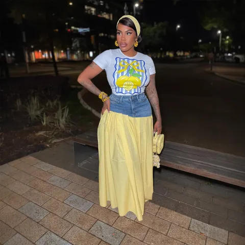 Women Sexy Fashion Short Sleeve T Shirt And Denim Spliced Plaid Split Long Skirt Top And Bottom Casual Streetwear