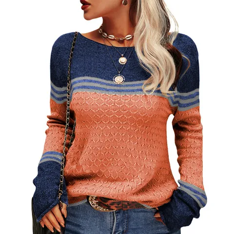 Women's Casual Long Sleeve Striped Color Block Hollow Out Knitted Sweater Pullover Fall Winter Fashion Commute Tops