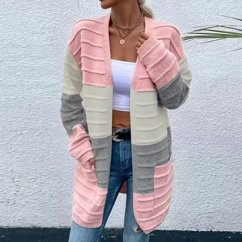 Women Casual Fall Winter Long Color Block Cardigan Sweater Oversized Open Front Long Sleeve Knit Outerwear Pockets