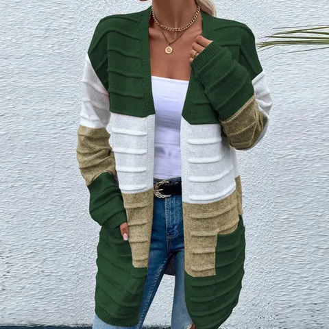 Women Casual Fall Winter Long Color Block Cardigan Sweater Oversized Open Front Long Sleeve Knit Outerwear Pockets