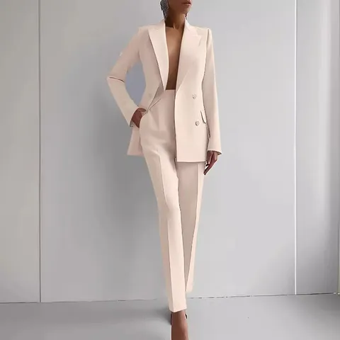 Women's Elegant Casual Career Suit Blazer And Long Pants Set Long Sleeve Double Breasted Office Professional Outfit