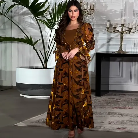 Women Elegant Long Sleeve A-Line Maxi Dress Floral Geometric Print Hot Fix Rhinestone Party Long Robe Dress