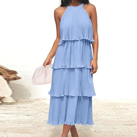 Vestido Maxi Elegante con Cuello Halter sin Mangas Plisado para Mujer Casual Color Sólido Vestido Largo de Playa Moda de Fiesta