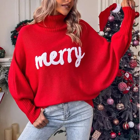 European American Style Women Winter Christmas Letter Printed Pullover Sweater Loose High Neck Batwing Sleeve Knitwear