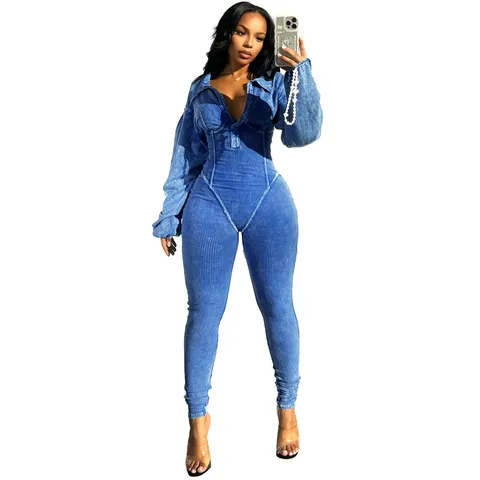 Women's Sexy Deep V Neck Long Sleeve Jumpsuit Solid Color High Waist Skinny Stretchy Washed Distressed Long Pants Romper