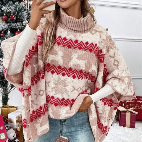 Women's Christmas Elk Snowflake Pattern Turtleneck Batwing Sleeve Color Block Acrylic Knit Sweater Winter Casual Tops