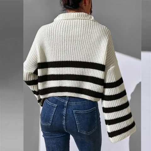 Γυναικείο Casual Oversized Ριγέ Πλεκτό Πουλόβερ με Όρθιο Γιακά και Φερμουάρ Φθινόπωρο Χειμώνας Streetwear