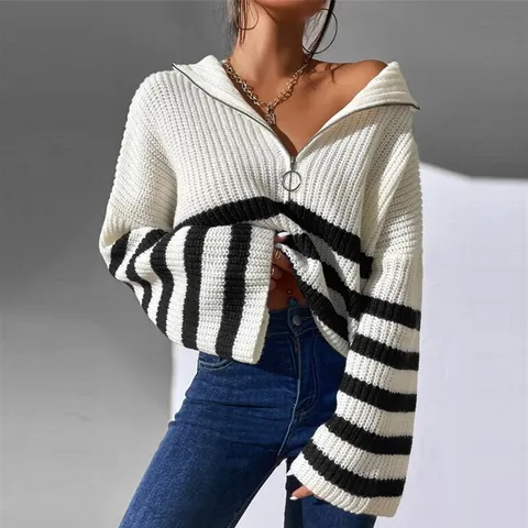 Γυναικείο Casual Oversized Ριγέ Πλεκτό Πουλόβερ με Όρθιο Γιακά και Φερμουάρ Φθινόπωρο Χειμώνας Streetwear