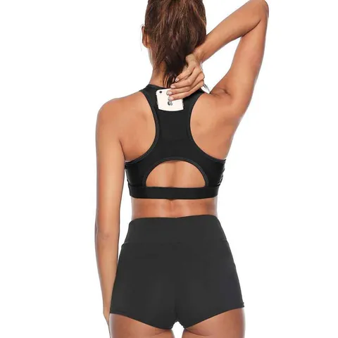 Women Solid Color U-Neck Sports Bra With Back Phone Pocket Acetate Fiber Breathable Fitness Yoga Top For Workout Gym Athletic Wear