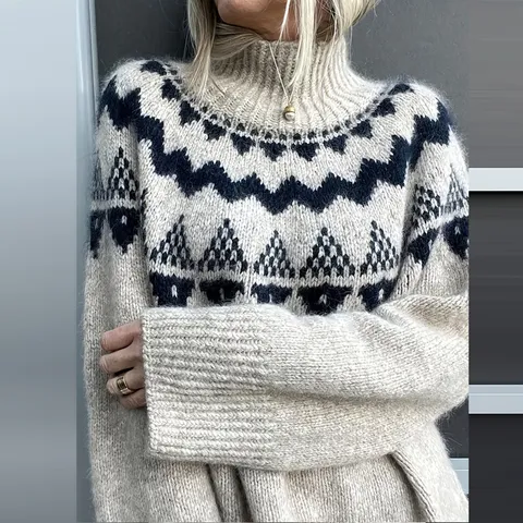 Suéter de Punto de Manga Larga con Cuello Alto y Jacquard Geométrico Retro para Mujer Casual Holgado Cálido de Invierno