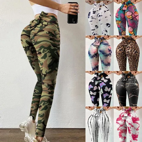 Women High Waist Scrunch Butt Yoga Pants Polyester Printed Bow Tie Back Fitness Leggings Peach Lift Gym Sports Tights