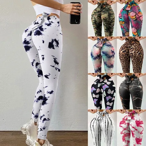 Women High Waist Scrunch Butt Yoga Pants Polyester Printed Bow Tie Back Fitness Leggings Peach Lift Gym Sports Tights