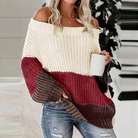 Maglione Pullover a Maniche Lunghe con Spalle Scoperte a Blocchi di Colore Casual da Donna Top in Maglia Morbida per Moda Autunno Inverno