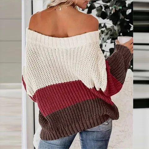 Maglione Pullover a Maniche Lunghe con Spalle Scoperte a Blocchi di Colore Casual da Donna Top in Maglia Morbida per Moda Autunno Inverno