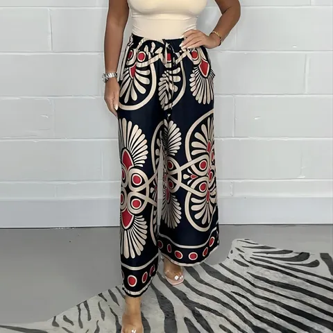 Women Vintage Print Satin Wide Leg Pants High Waist Drawstring Casual Loose Trousers For Vacation Beach Party Summer Daily Wear