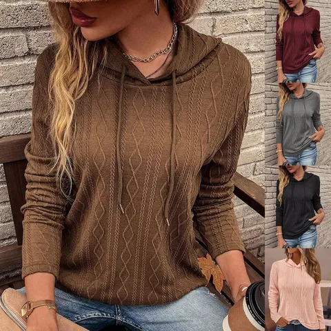 Maglione da Donna Casual Lavorato a Treccia Con Cappuccio Manica Lunga Pullover Tinta Unita Largo Moda Top per Autunno Inverno