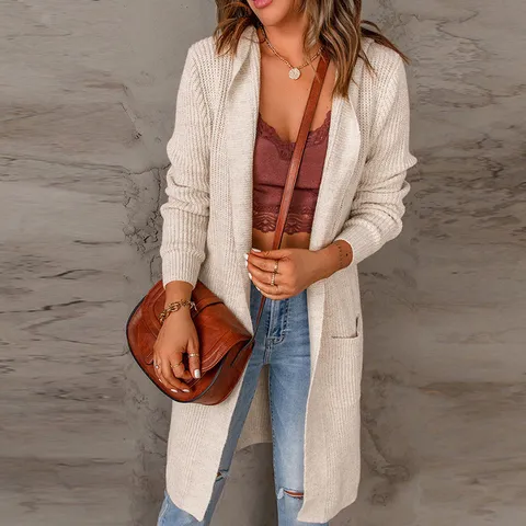 Dames Casual Gebreid Vest Met Capuchon Lange Mouwen Effen Kleur Half Lang Open Voorzijde Trui Jas Met Zakken Voor Herfst Winter