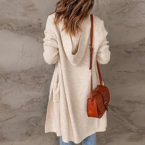 Dames Casual Gebreid Vest Met Capuchon Lange Mouwen Effen Kleur Half Lang Open Voorzijde Trui Jas Met Zakken Voor Herfst Winter