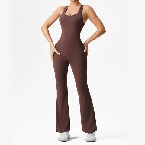 Damen Sexy Rückenfrei Slim Fit Yoga Jumpsuit Hohe Taille Ausgestelltes Bein Gym Bodysuit Sportlich Einteiler Workout