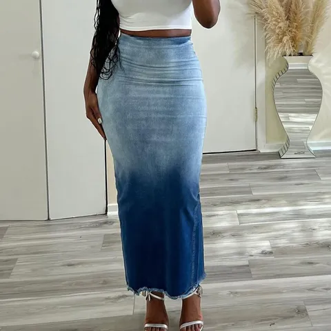 Women's Elegant High Waist Polyester Graduated Denim Skirt Frayed Hem Split Midi Skirt Casual Commuter Bottom
