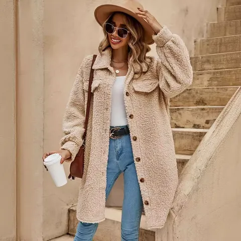 Women Long Plush Teddy Coat Lapel Loose Single Breasted Winter Warm Jacket Pocket Solid Color Commuter Outerwear Top