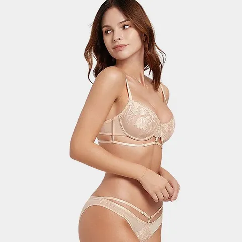 Conjunto de Sujetador con Tiras y Bordado Floral Sexy para Mujer Conjunto de Ropa Interior Push Up de Encaje Lencería de Malla Transparente