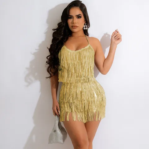 Sexy Women Halter Neck Sleeveless Fringe Sequin Patchwork Party Club Jumpsuit Fashion Nightclub Party Romper
