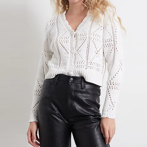 Women's V-Neck Long Sleeve Hollow Out Knit Cardigan Casual Solid Color Single Breasted Button Down Sweater Jacket Top