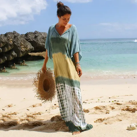 Women Tie Dye Print Beach Cover Up Sexy Deep V Neck Vacation Maxi Dress Batwing Sleeve Sun Protection Polyester Long Dress