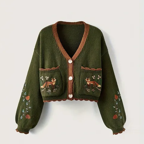 Femmes Casual Col en V Manches Longues Gilet en Tricot Pull Ample Boutonné Simple Mignon Broderie Renard Poches Top