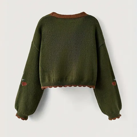 Femmes Casual Col en V Manches Longues Gilet en Tricot Pull Ample Boutonné Simple Mignon Broderie Renard Poches Top