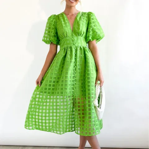 Elegant Women V-Neck Puff Sleeve Midi Dress Hollow Out Checkered Solid Color A-Line Party Cocktail Dress Fashion Vestidos