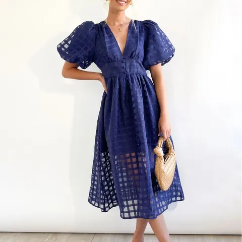 Elegant Women V-Neck Puff Sleeve Midi Dress Hollow Out Checkered Solid Color A-Line Party Cocktail Dress Fashion Vestidos