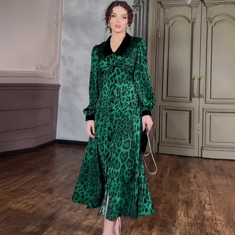 Elegant Women Leopard Print Maxi Dress Mercerized V Neck Long Sleeve Slim Fit A-Line Dress For Party Office Daily Wear