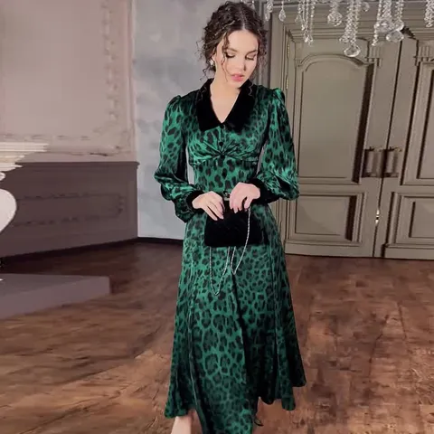 Elegant Women Leopard Print Maxi Dress Mercerized V Neck Long Sleeve Slim Fit A-Line Dress For Party Office Daily Wear