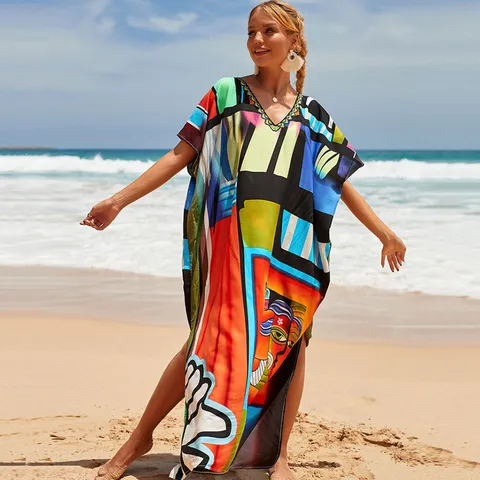 Women's Casual V-Neck Batwing Maxi Dress Loose Long Beach Cover-Up Printed Sun Protection Long Robe